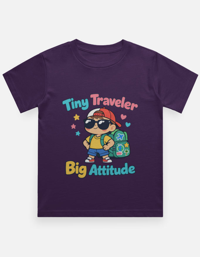 Tiny Traveler Big Attitude - Boy Kids Travel T Shirt Purple Adventure Hiking Camping Camper Van Beach Cruise Vacation Road Trip Wildlife Safari Wanderlust Explorer Nature Lover Mountain Outdoor Adventure Travel Vacation Camping Campfire Graphic Quote T shirt