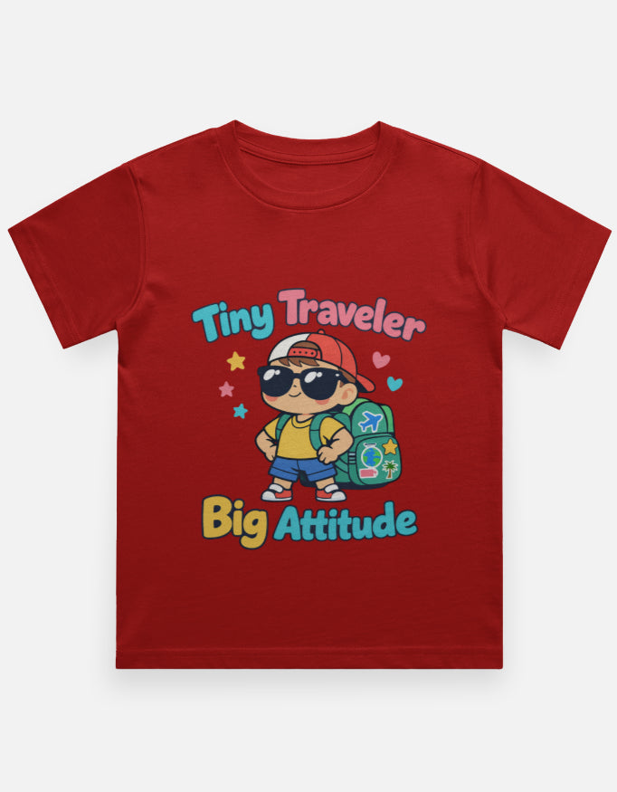 Tiny Traveler Big Attitude - Boy Kids Travel T Shirt Red Adventure Hiking Camping Camper Van Beach Cruise Vacation Road Trip Wildlife Safari Wanderlust Explorer Nature Lover Mountain Outdoor Adventure Travel Vacation Camping Campfire Graphic Quote T shirt