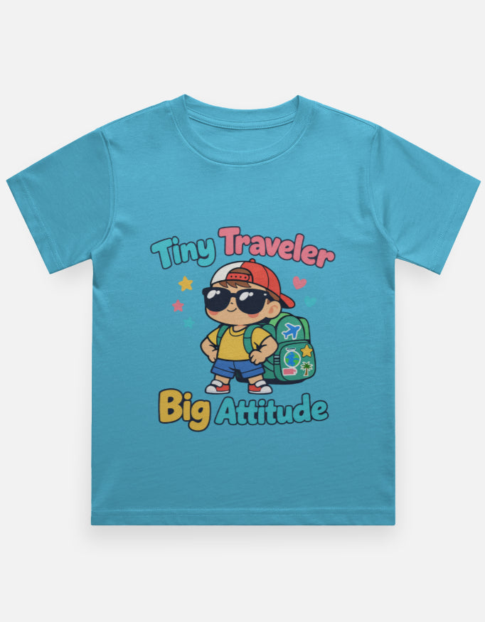 Tiny Traveler Big Attitude - Boy Kids Travel T Shirt Sky Blue Adventure Hiking Camping Camper Van Beach Cruise Vacation Road Trip Wildlife Safari Wanderlust Explorer Nature Lover Mountain Outdoor Adventure Travel Vacation Camping Campfire Graphic Quote T shirt