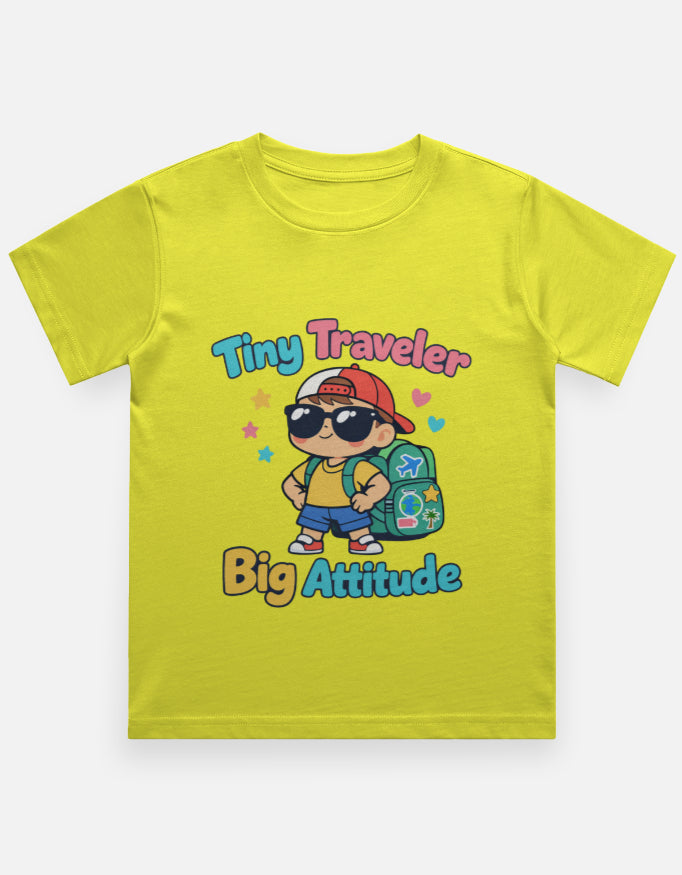 Tiny Traveler Big Attitude - Boy Kids Travel T Shirt Yellow Adventure Hiking Camping Camper Van Beach Cruise Vacation Road Trip Wildlife Safari Wanderlust Explorer Nature Lover Mountain Outdoor Adventure Travel Vacation Camping Campfire Graphic Quote T shirt