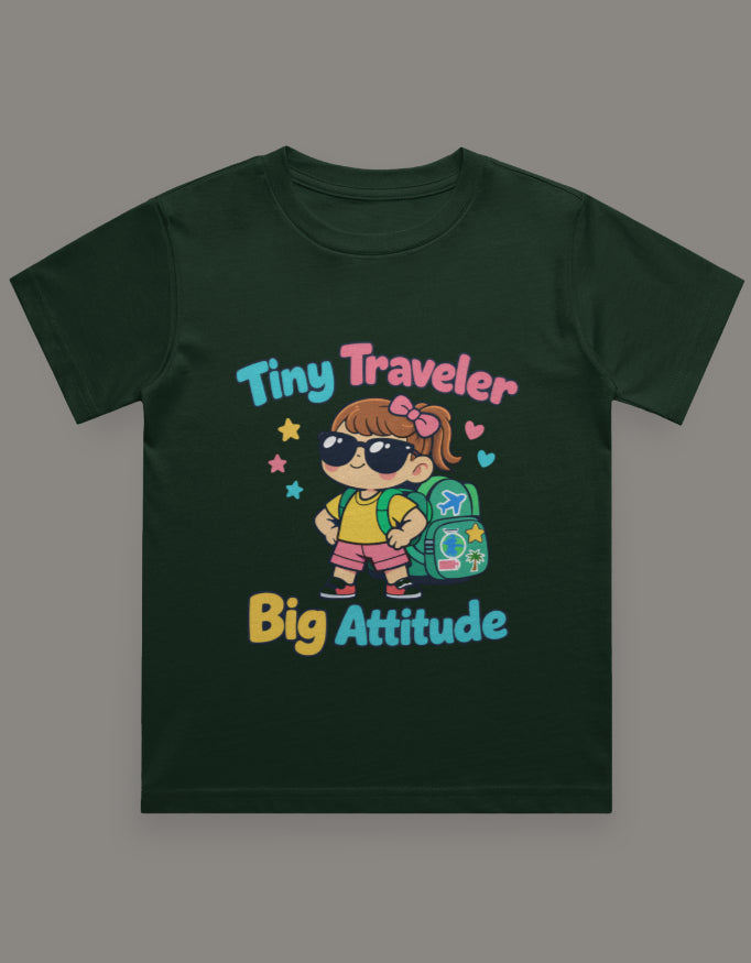 Tiny Traveler Big Attitude - Girl Kids Travel T Shirt Bottle Green Adventure Hiking Camping Camper Van Beach Cruise Vacation Road Trip Wildlife Safari Wanderlust Explorer Nature Lover Mountain Outdoor Adventure Travel Vacation Camping Campfire Graphic Quote T shirt