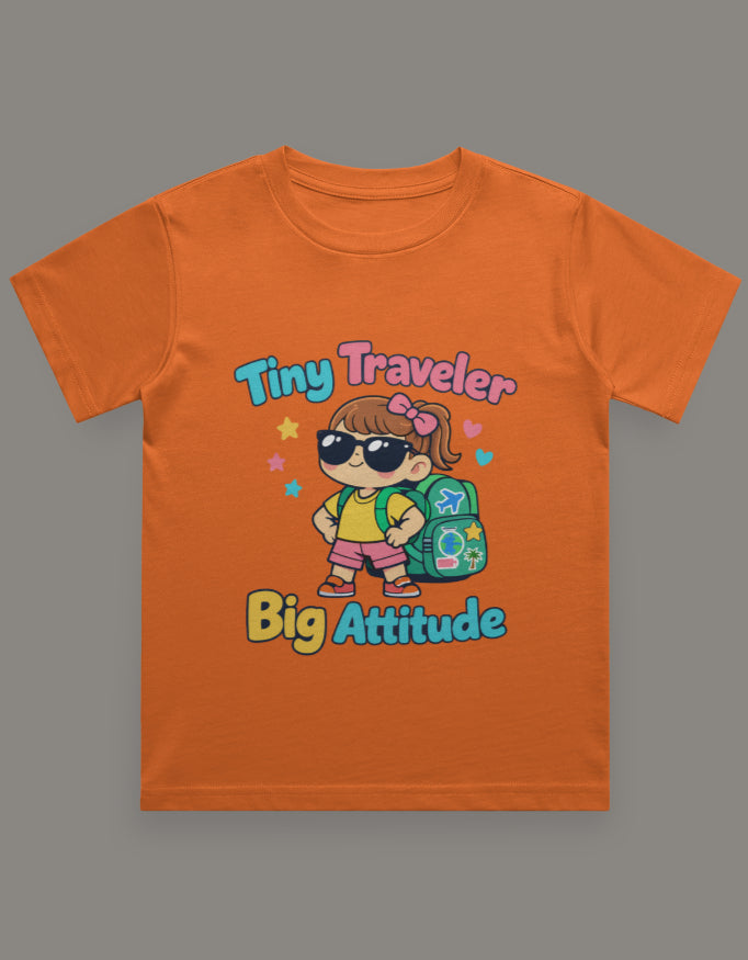 Tiny Traveler Big Attitude - Girl Kids Travel T Shirt Orange Adventure Hiking Camping Camper Van Beach Cruise Vacation Road Trip Wildlife Safari Wanderlust Explorer Nature Lover Mountain Outdoor Adventure Travel Vacation Camping Campfire Graphic Quote T shirt