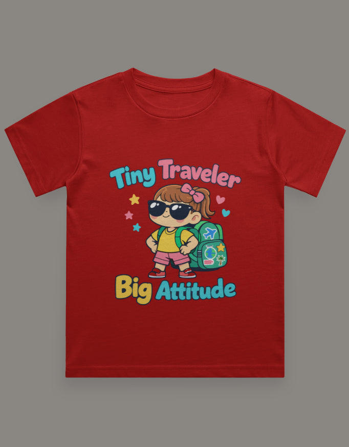 Tiny Traveler Big Attitude - Girl Kids Travel T Shirt Red Adventure Hiking Camping Camper Van Beach Cruise Vacation Road Trip Wildlife Safari Wanderlust Explorer Nature Lover Mountain Outdoor Adventure Travel Vacation Camping Campfire Graphic Quote T shirt