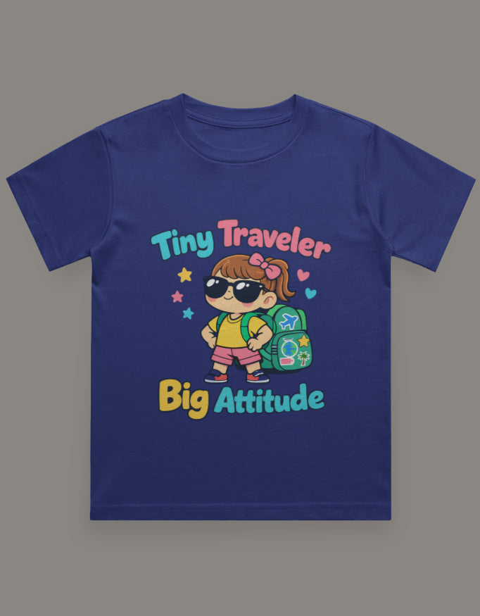 Tiny Traveler Big Attitude - Girl Kids Travel T Shirt Royal Blue Adventure Hiking Camping Camper Van Beach Cruise Vacation Road Trip Wildlife Safari Wanderlust Explorer Nature Lover Mountain Outdoor Adventure Travel Vacation Camping Campfire Graphic Quote T shirt