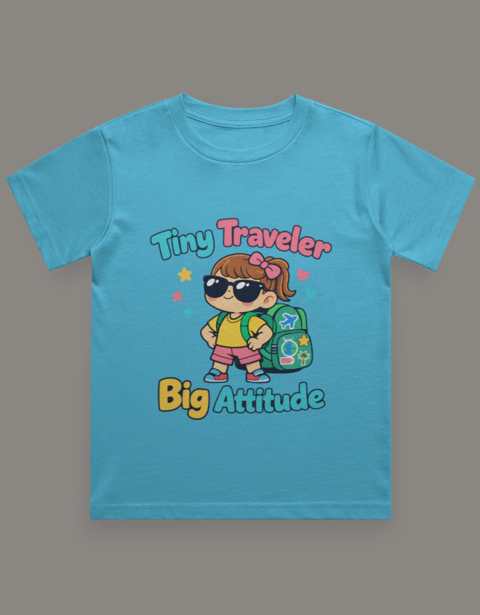 Tiny Traveler Big Attitude - Girl Kids Travel T Shirt Sky Blue Adventure Hiking Camping Camper Van Beach Cruise Vacation Road Trip Wildlife Safari Wanderlust Explorer Nature Lover Mountain Outdoor Adventure Travel Vacation Camping Campfire Graphic Quote T shirt