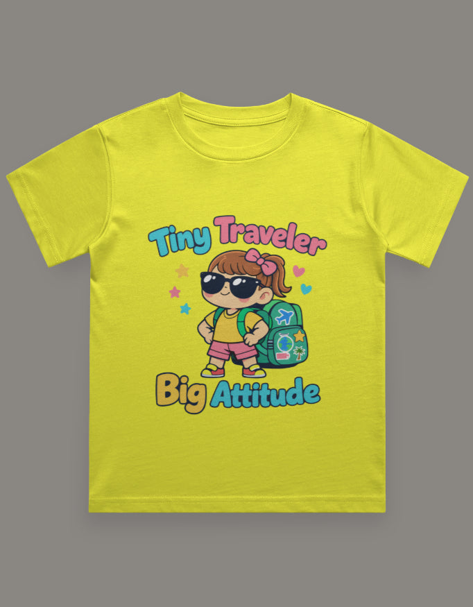 Tiny Traveler Big Attitude - Girl Kids Travel T Shirt Yellow Adventure Hiking Camping Camper Van Beach Cruise Vacation Road Trip Wildlife Safari Wanderlust Explorer Nature Lover Mountain Outdoor Adventure Travel Vacation Camping Campfire Graphic Quote T shirt