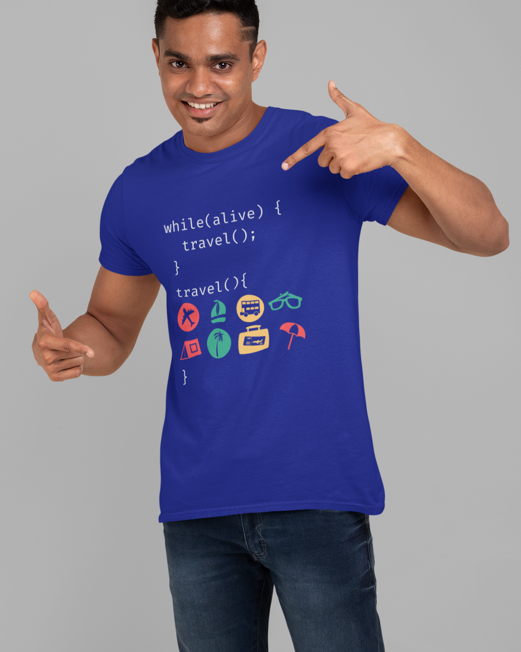Man wearing a blue t-shirt with travel-themed code design on a gray background